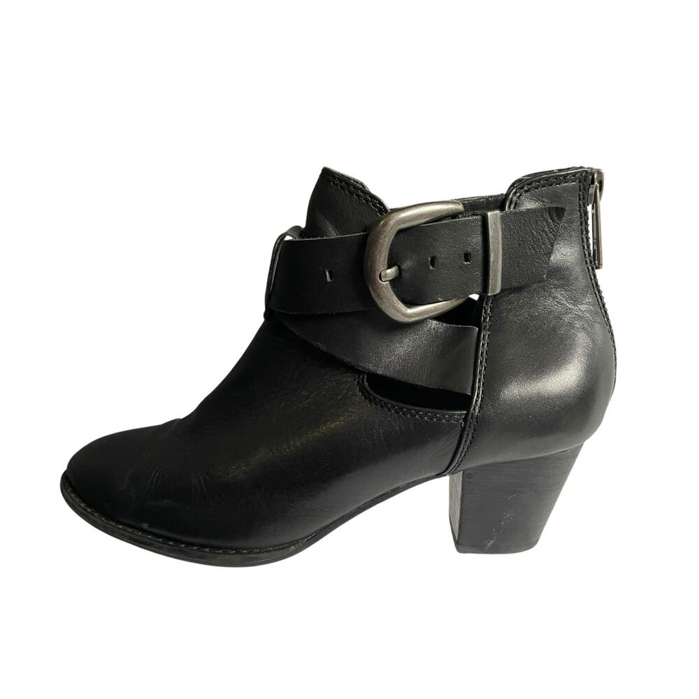 Vionic Boots Rory Ankle Women Black Leather Cutouts Buckles Block Heels Size 7.5